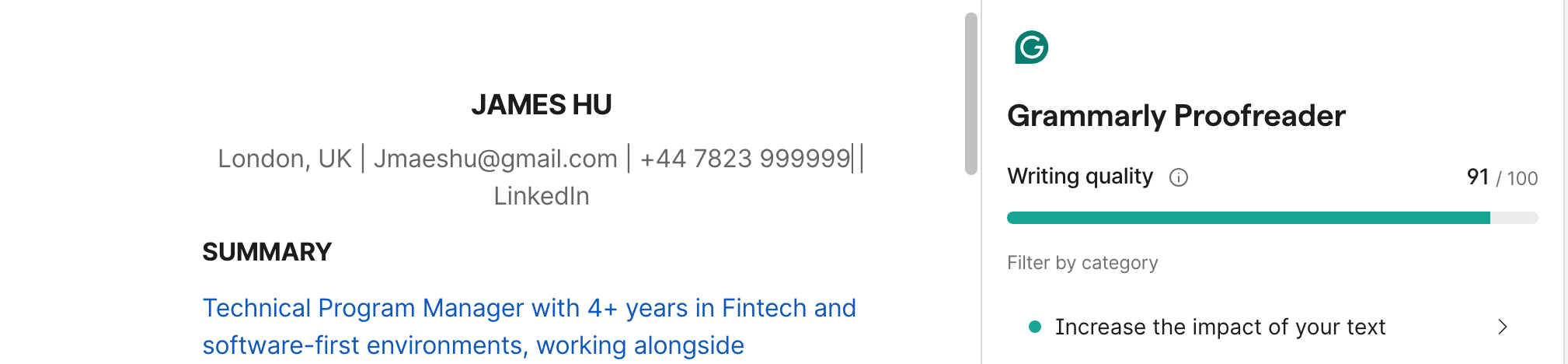 Grammarly resume score screenshot